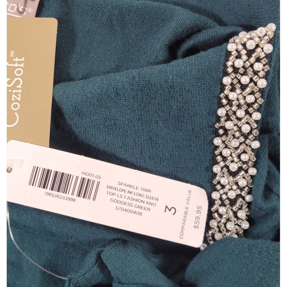 Chico's Sparkle Trim Envelope Neck Long Sleeve Knit Top - Goddess Green Sz 3 XL - Picture 5 of 5